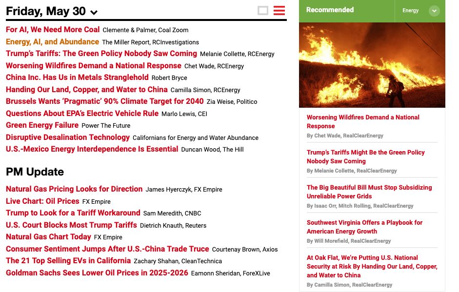 Screenshot of real clear energy, content described in post