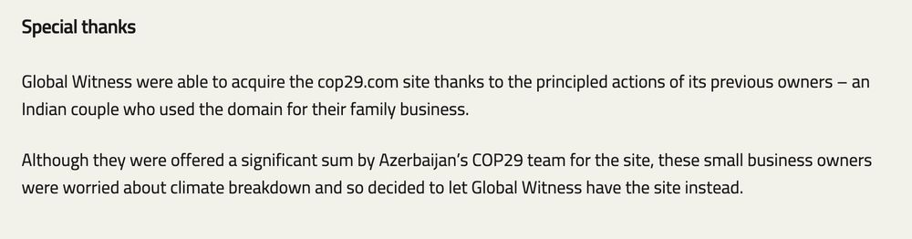 Screenshot from Global Witness, indicating that cop29.com was sold to them, and not Azerbaijan's team, because an Indian couple who owned it "were worried about climate breakdown and so decided to let Global Witness have the site instead." 