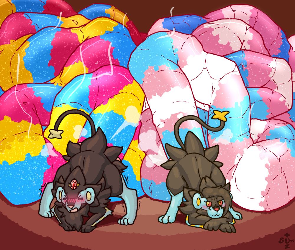 both suzu and usar, two luxray ocs, have their butts in the air and their tails raised while the push out massive brown turds which coil up and recede into the landscape of the hyperscat dimension~

additionally, their massive shit logs are pride themed, with suzu celebrating pansexuality and usar celebrating transgender~