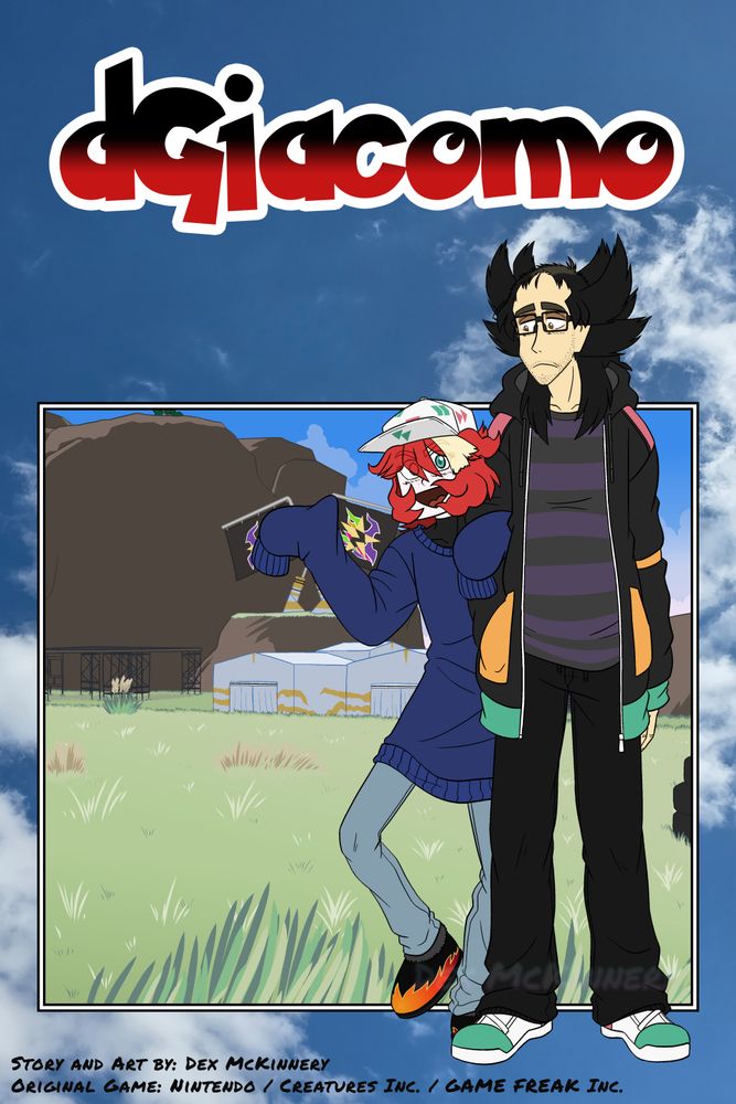 Cover artwork for my Pokémon Scarlet and Violet fan webcomic, DGiacomo, featuring Giacomo and Mela with Giacomo's base in the background