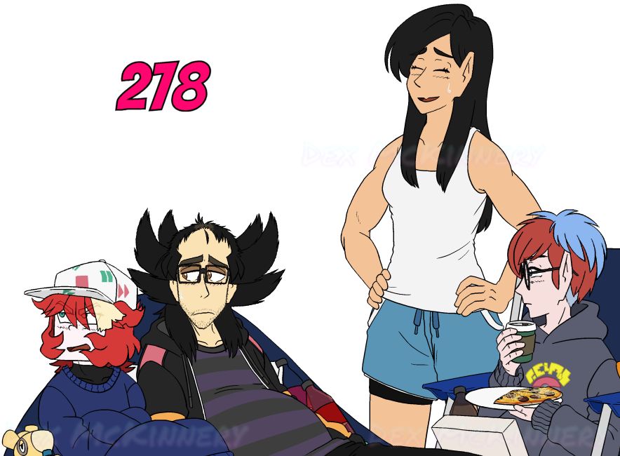 Preview image for chapter 278 of Pokémon fan webcomic, DGiacomo, featuring Giacomo, Mela, Eri and Penny of Team Star.