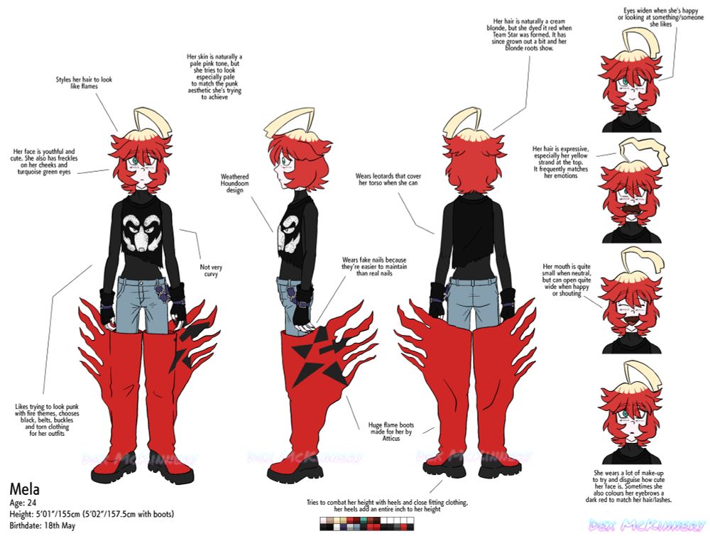 Reference sheet for Mela from the Pokémon fan web comic, DGiacomo, featuring a turnaround and some expressions.
