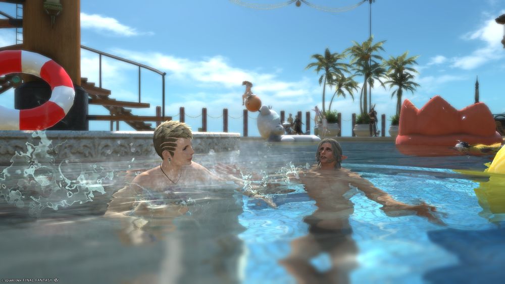 Katina, swimming and looking over at Urianger, who is still struggling but at least has his head above water now.
