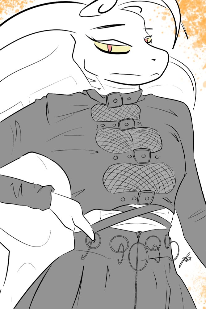 Waist up shot of my sona wearing a goth outfit, with a sassy pose and a disinterested expression, so cool.