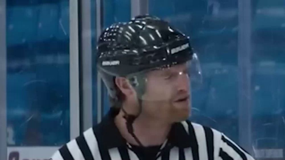 a hockey referee wearing a helmet and a striped shirt is standing in front of a glass door .