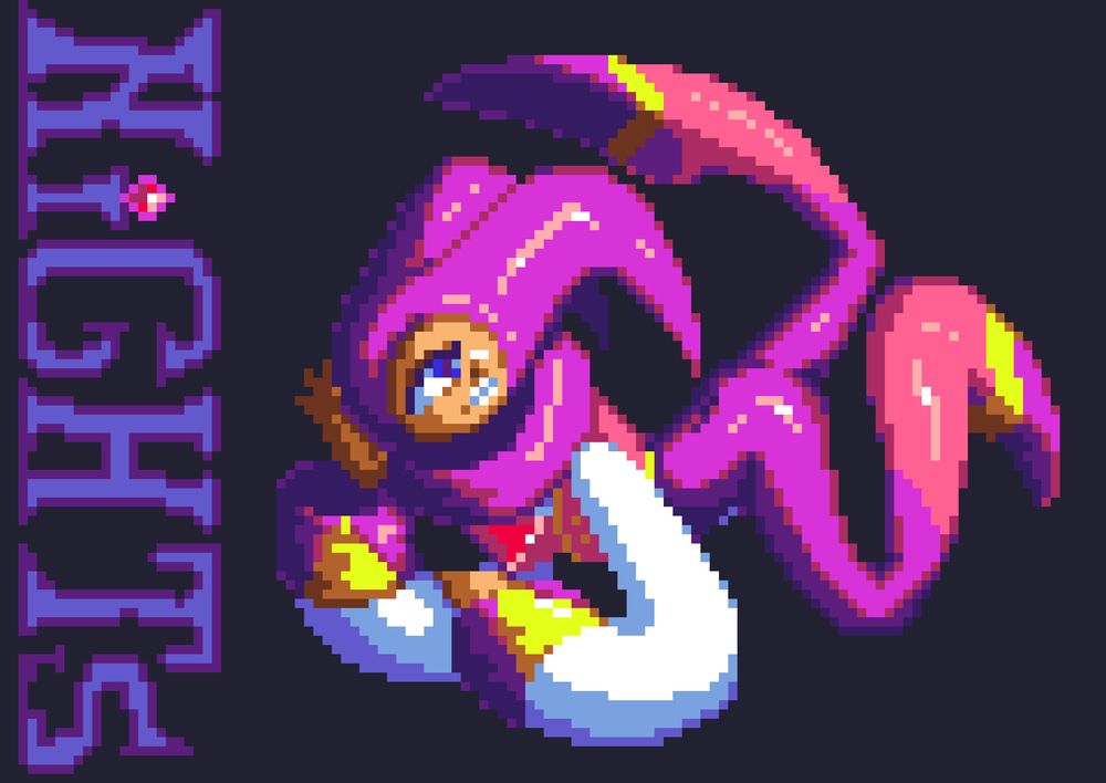 A full body pixel portrait of Nights from the Sega Saturn game Nights into Dreams. Here they are resting their head on their hand, glancing to the right while giving a toothy grin. idk how to really describe what they're doing with their legs but they're making a silly pose with them.