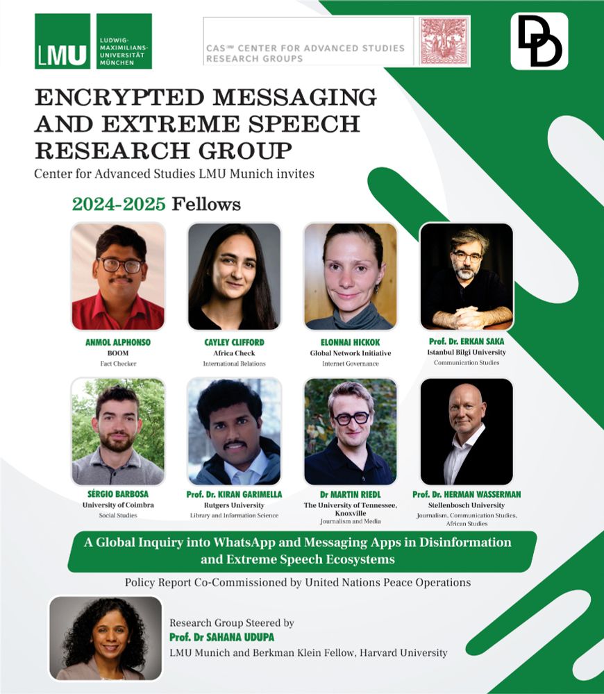 Poster for the research group at the University of Munich’s Center for Advanced Studies on the topic of Encrypted Messaging and Extreme Speech. The poster shows headshots and names of participants and associated universities.