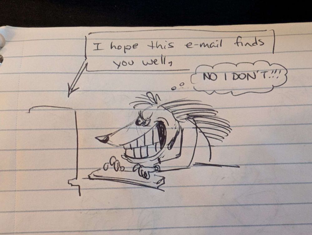 Charlie hunched over a computer keyboard typing an email, with an exaggerated evil grin on her face. She types "I hope this e-mail finds you well," while thinking to herself, "No I don't!!!"
