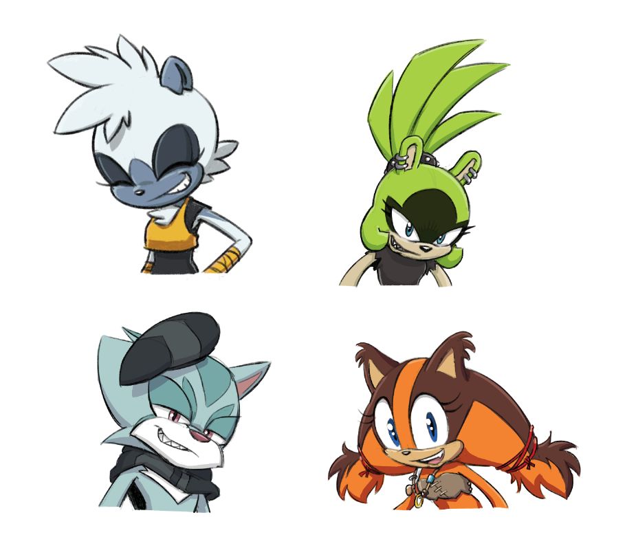 Colored sketches of Tangle the Lemur, Surge the Tenrec, Slinger the Ocelot, and Sticks the Badger