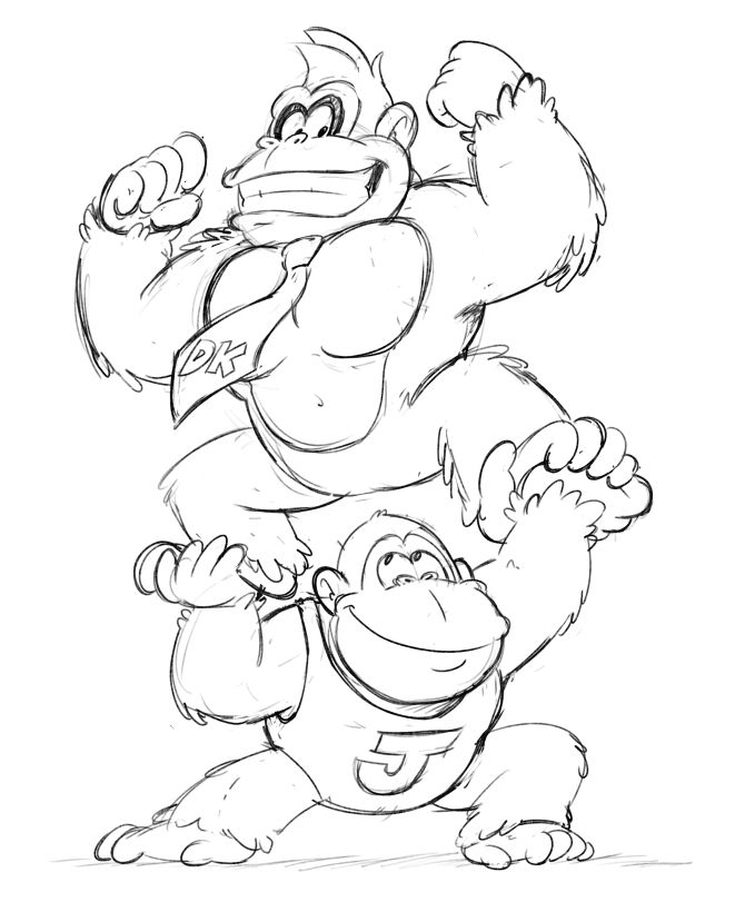 Donkey Kong being held up by Donkey Kong Junior.