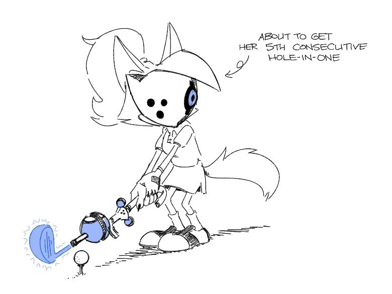 Whisper using her Variable Wispon as a driver, about to hit her ball while using her mask to aim. The caption text reads "About to get her 5th consecutive hole-in-one."