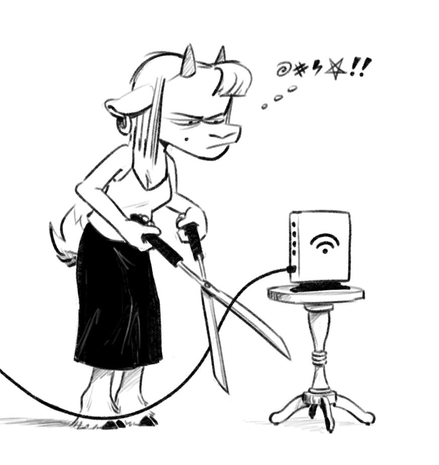 Hilda, about to snip the cable of a vaguely-drawn internet router with a pair of hedge shears, whilst cursing to herself. The artist has forgotten to draw a power cable in addition to the ethernet cable and does not care enough to fix it.