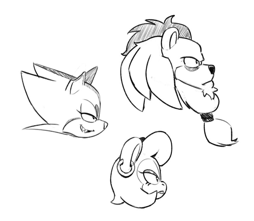 Profile headshot sketches of Smithy the Lion, Slinger the Ocelot, and Claire Voyance (IDW Sonic), sans masks and headwear