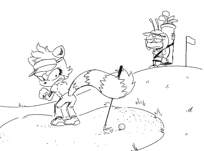 An exasperated Jewel watches as Tangle attempts to hit her ball out of a sand trap with her tail.