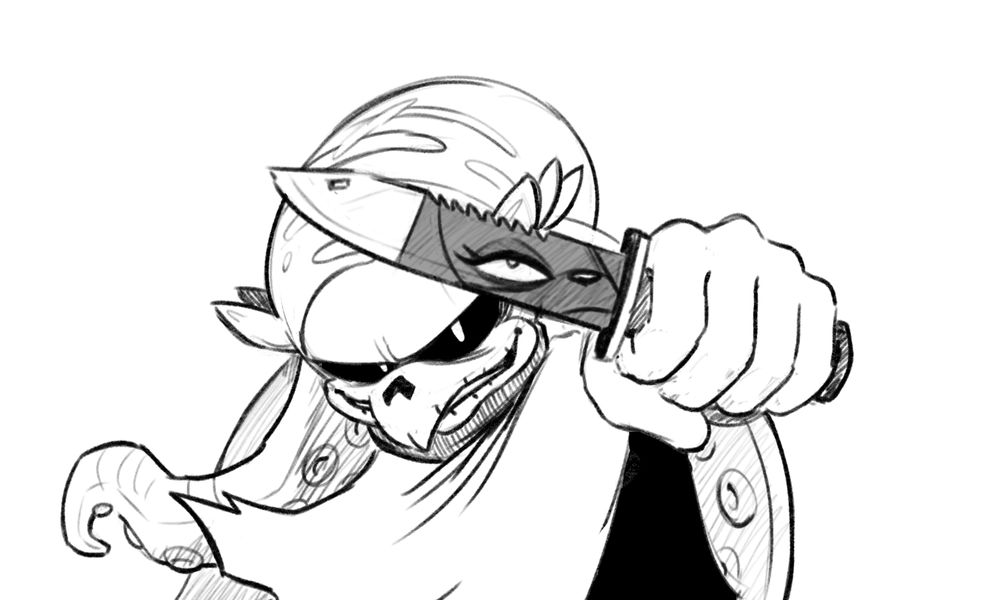 Mimic brandishes a knife, a sinister smile on his face. Whisper's face can be seen in the reflection on the knife's blade.