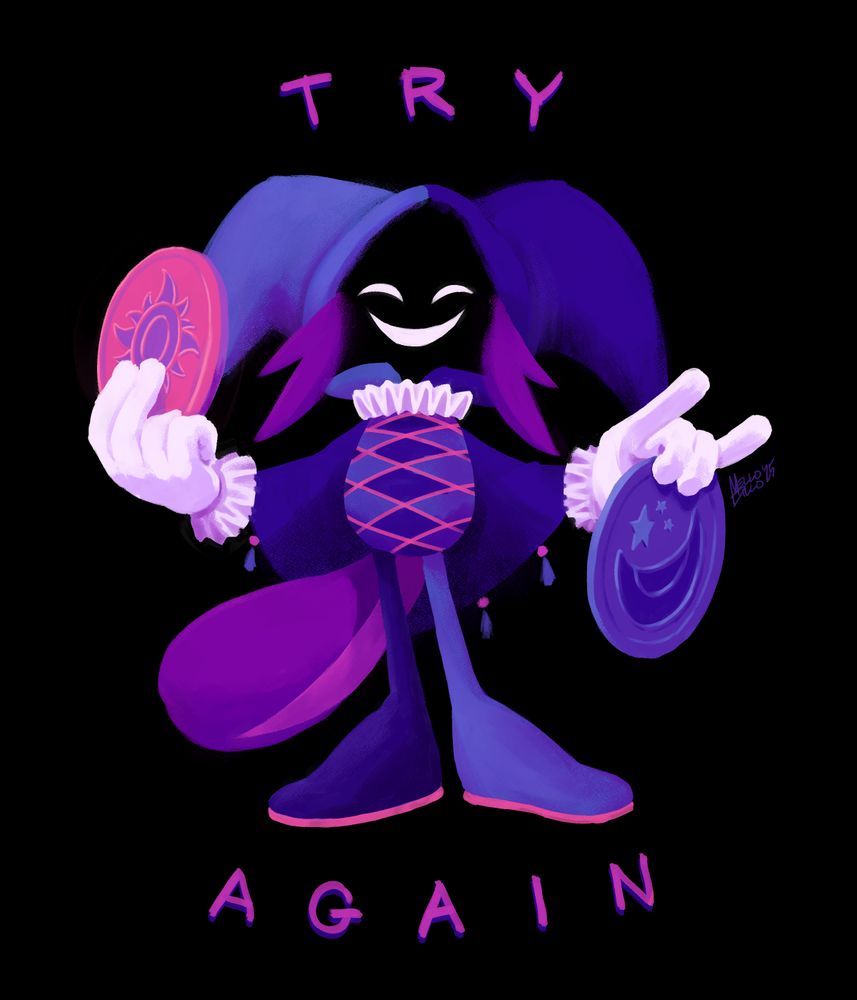 Lunar(?) holding sun and moon medals. Lunar's face is maskless but obscured by dark shadow, except for an ominous smile. The words "TRY AGAIN" are above/below Lunar.
