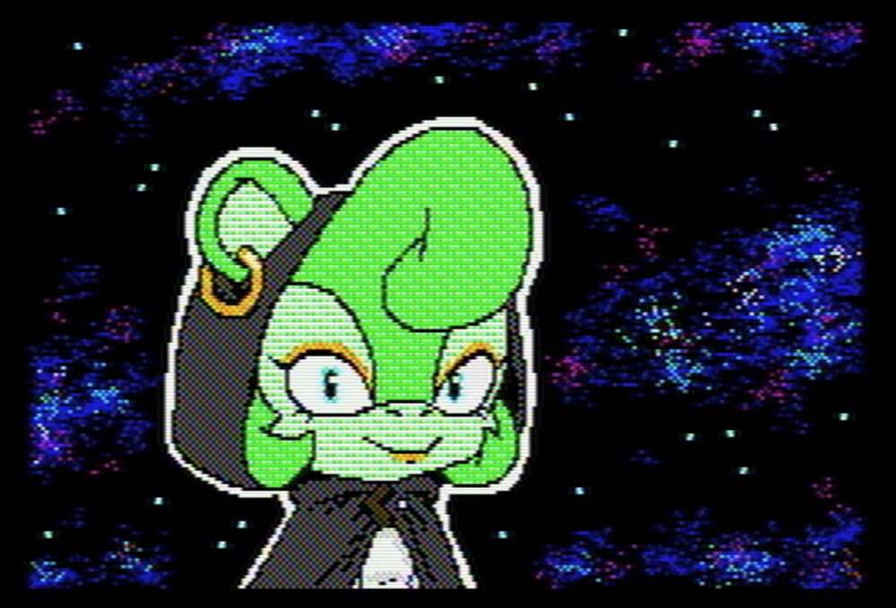 Claire Voyance over a celestial backdrop. Drawn in Mario Paint.