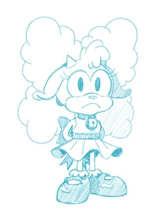 Lanolin the Sheep wearing her old dress/shoes. Her eyes are drawn connected in the middle, similar to the style of early Sonic character concept art