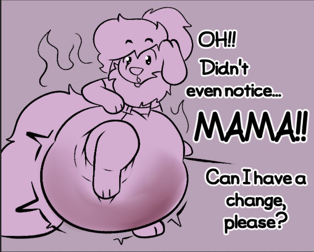 smol cass with one leg up being a lil surprised at the state of her diaper.
TEXT: "OH!! Didn't even notice... MAMA!! Can I have a change, please?"
#abdl #abdlart #messydiaper