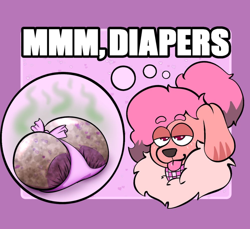cass thinking about poopy diapers
impact font "MMM, DIAPERS"
tongue out, eyes droopy, smiling
#abdl #abdlart #messydiaper