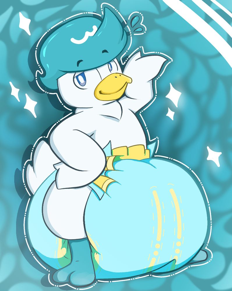 Quaxly from pokemon looking smug in a big blue poofy diaper