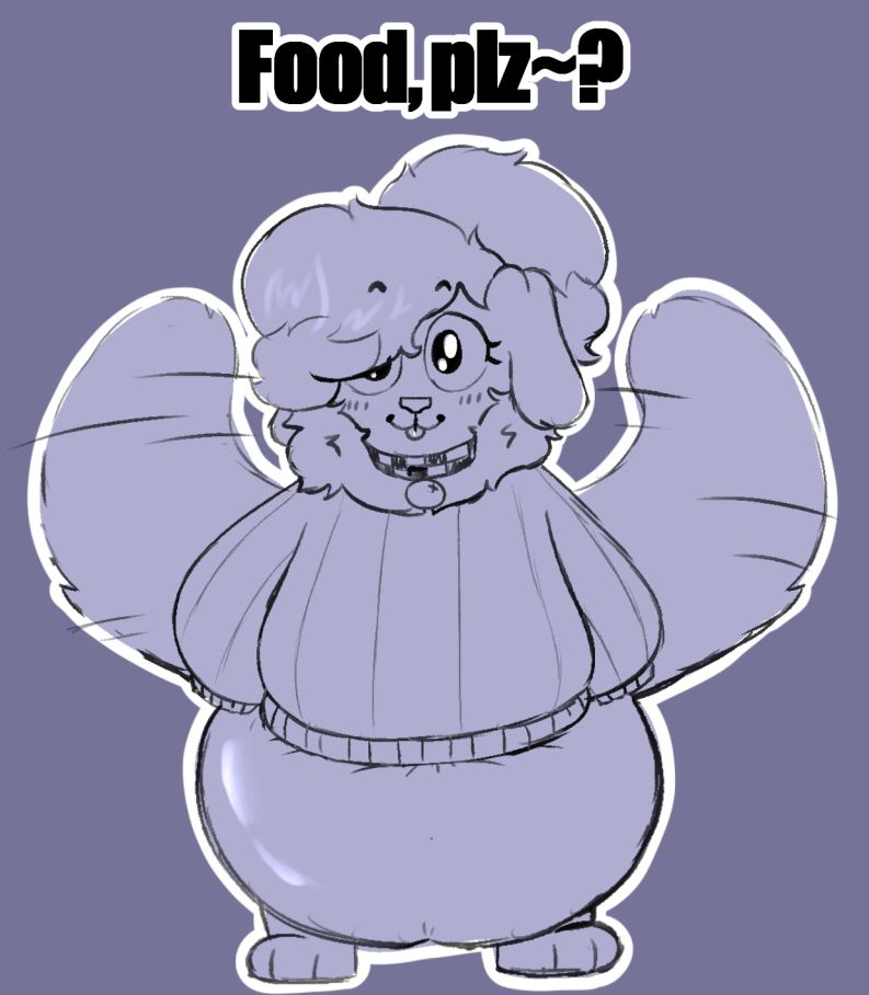 sketch of cass in sweater and diaper wagging her tail happy
TEXT: Food, plz~?
#abdl