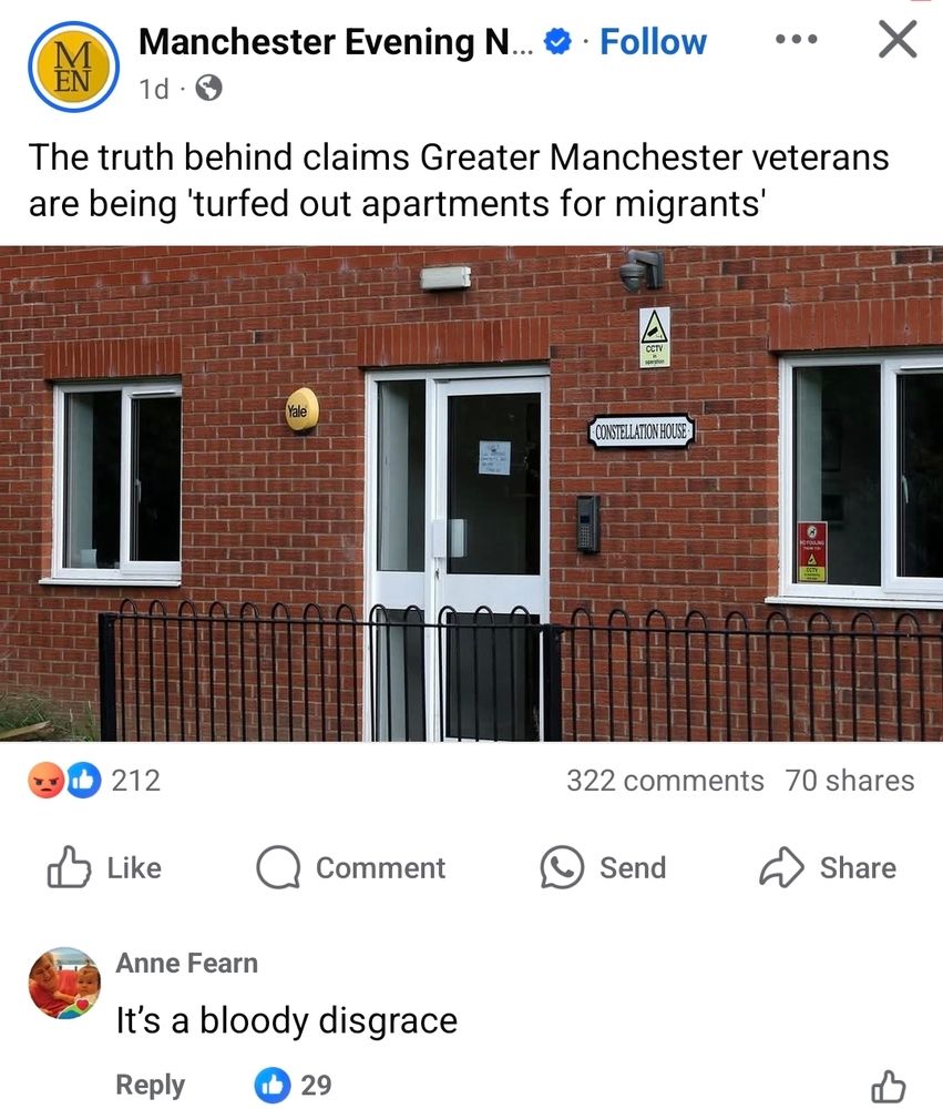A screenshot of a Manchester Evening News post about veterans supposedly being "turfed out apartments for migrants" which is not happening.