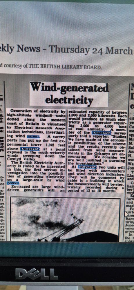 Screenshot of a North Wales Weekly News article from 1949 discussing wind power tests in Dolgarrog 