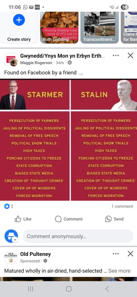 A screenshot of a Facebook post sincerely comparing Kier Starmer directly to Stalin, as if they were actually the same.