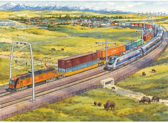 Hand-colored drawing of freight trains and Amtrak passenger trains in the greater northwest with snow-covered mountains in the background 