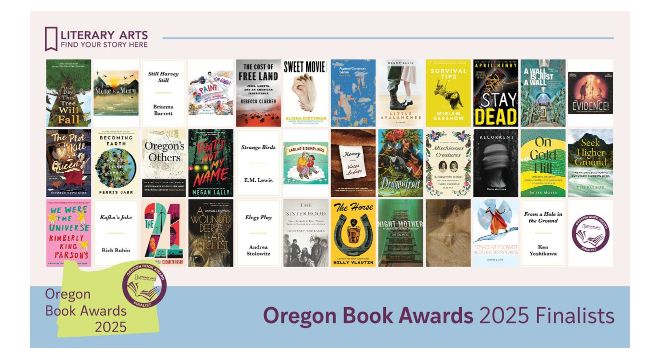 Oregon Book Awards 2025 Finalists banner with covers of 33 books, including Survival Tips. 