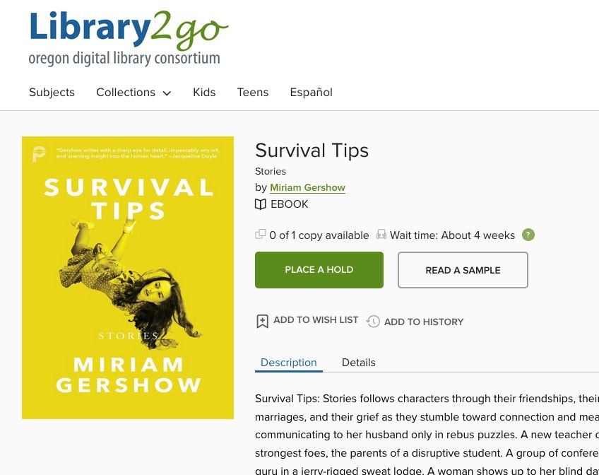 Screenshot of the Survival Tips page of Library2go. 0 of 1 copy is available. Big green "Place a Hold" button next to black and white "Read a Sample" button.