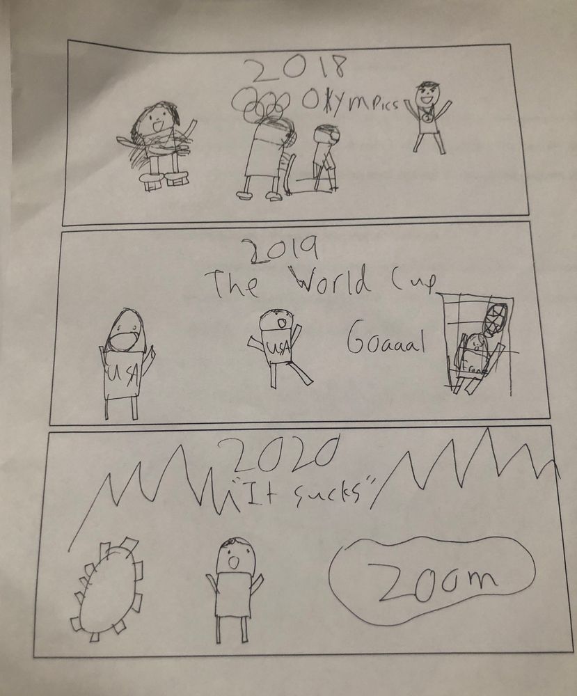 A three Panel comic. 2018 is the Olympics. 2019 is the World Cup. 2020 is “it sucks “ with a picture of wildfires and zoom and novel coronavirus. 