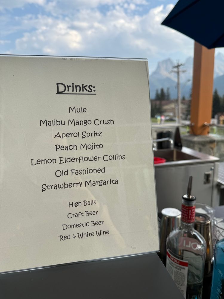 drink menu Drinks: Mule Malibu Mango Crush Aperol Spritz Peach Mojito Lemon Elderflower Collins Old Fashioned Strawberry Margarita High Balls Craft Beer Domestic Beer Red + White Wine