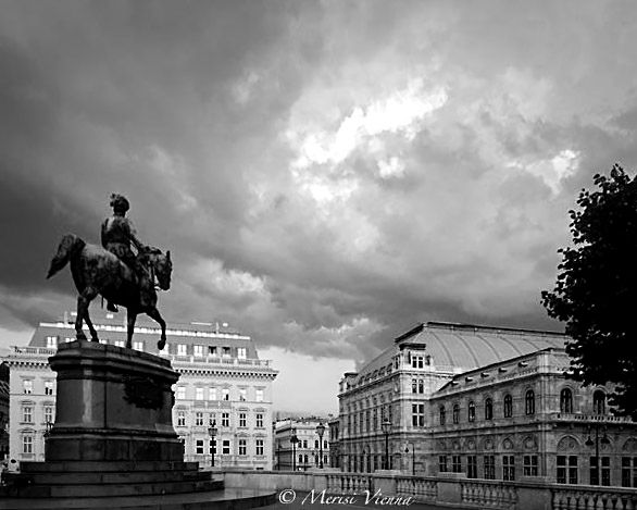 Threatening clouds in various shades from grey to dark grey, an equestrian statue in the foreground, large buildings in the background.
"Archduke Albrecht Friedrich Rudolf Dominik of Austria, Duke of Teschen (3 August 1817 – 18 February 1895), was an Austrian Habsburg general. He was the grandson of Emperor Leopold II and one of the chief military advisors of Emperor Francis Joseph I. As Inspector General for 36 years, he was an old-fashioned bureaucrat who largely controlled the Austro-Hungarian Army and delayed modernization. He was honored with the rank of field marshal in the armies of Austria-Hungary (1863) and Germany (1893)."  https://en.wikipedia.org/wiki/Archduke_Albrecht,_Duke_of_Teschen