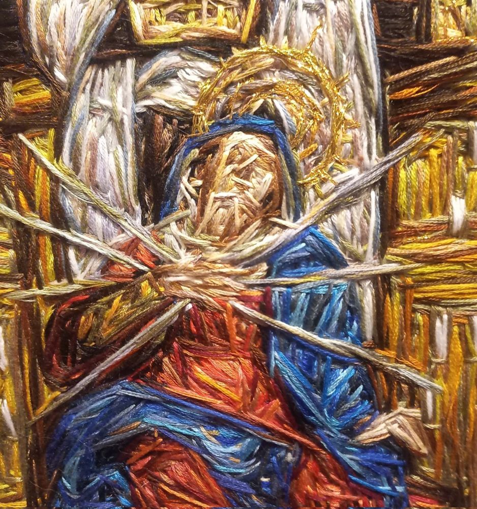 our lady of sorrows statue rendered in embroidery, work in progress 