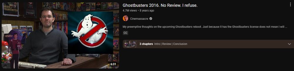 A screenshot of Cinemassacre's video Ghostbusters 2016. No Review. I refuse."