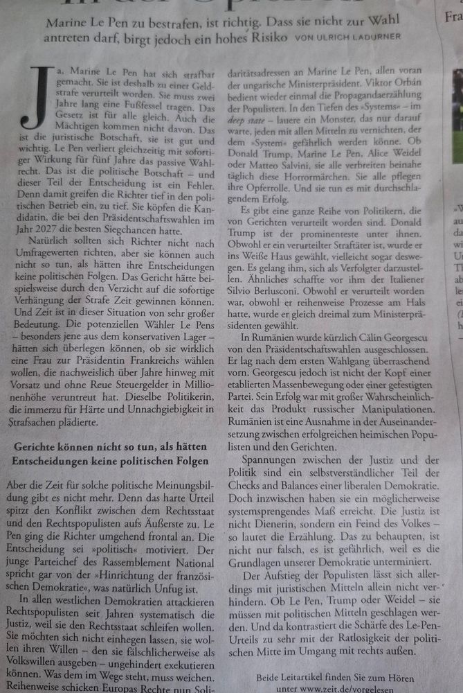 Die Zeit von heute, Artikel über/gegen die Verurteilun von Marine Le Pen.