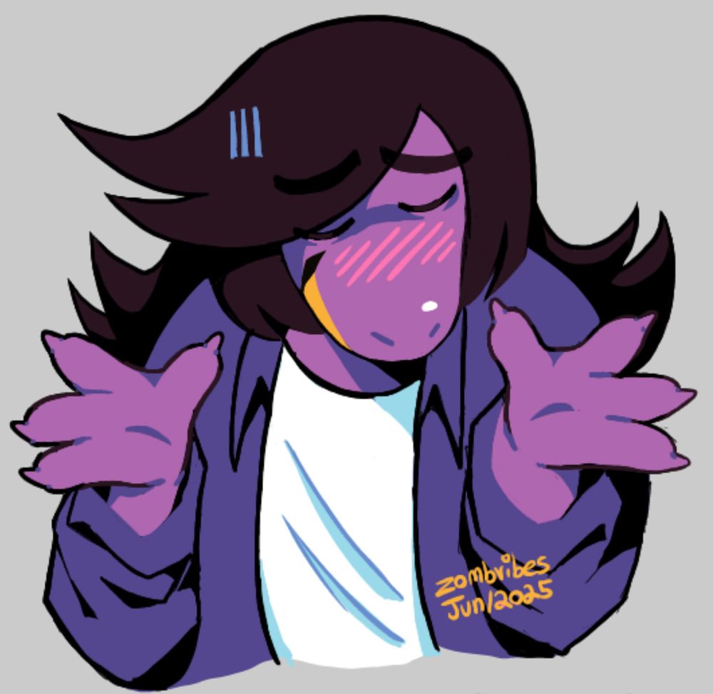 A colored bust drawing of Susie (deltarune). She’s a purple reptilian monster with dark brownish purple hair. She has yellow teeth and sclera. She has freckles on her cheek and a rounded snout. She’s wearing a purple collared jacket and a plain white shirt underneath.

Susie has an embarrassed smirk on her face. She’s shrugging with her hands up. Her face is flushed.