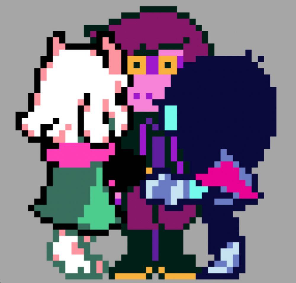 Sprite edit of Ralsei and Kris hugging Susie. Susie looks surprised.