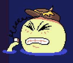 Onion-San (Undertale) is holding a walkie talkie that's coming from their hat. They have their eyes closed shut and their teeth are clenched. They seem like their yelling into the walkie talkie.

Onion-San is an onion looking monster with large round eyes and tentacles. They're wearing a brown hat with a gold Delta Rune symbol on it (a circle with wings on each side).