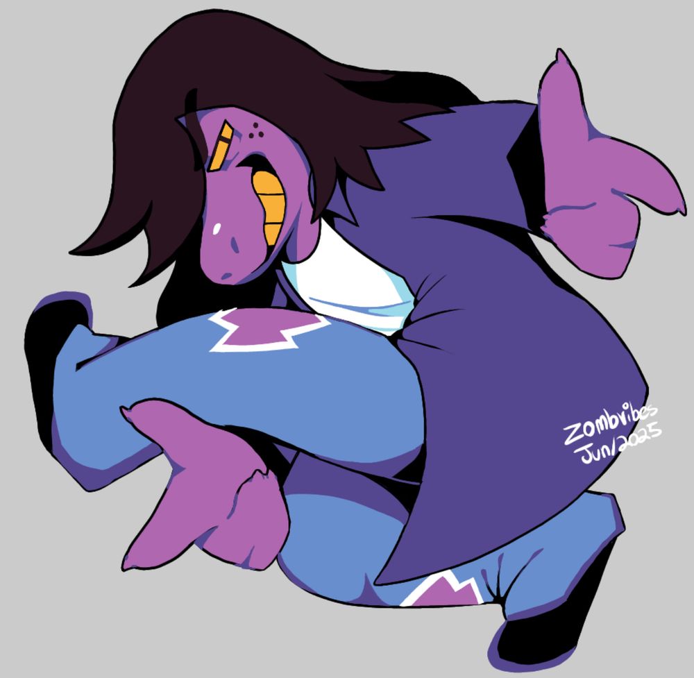 A colored drawing of Susie (deltarune). She’s a purple reptilian monster with dark brownish purple hair. She has yellow teeth and sclera. She has freckles on her cheek and a rounded snout. She’s wearing a purple collared jacket, a plain white shirt underneath, blue ripped jeans and black shoes. 

She’s in the Sonic Adventure 1 pose with a grin on her face.
