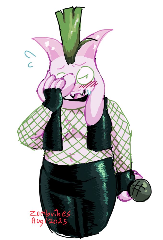 A colored doodle of Ralsei (deltarune) wearing his rocker outfit. He’s hiding part of his face with his ear out of embarrassment. 
