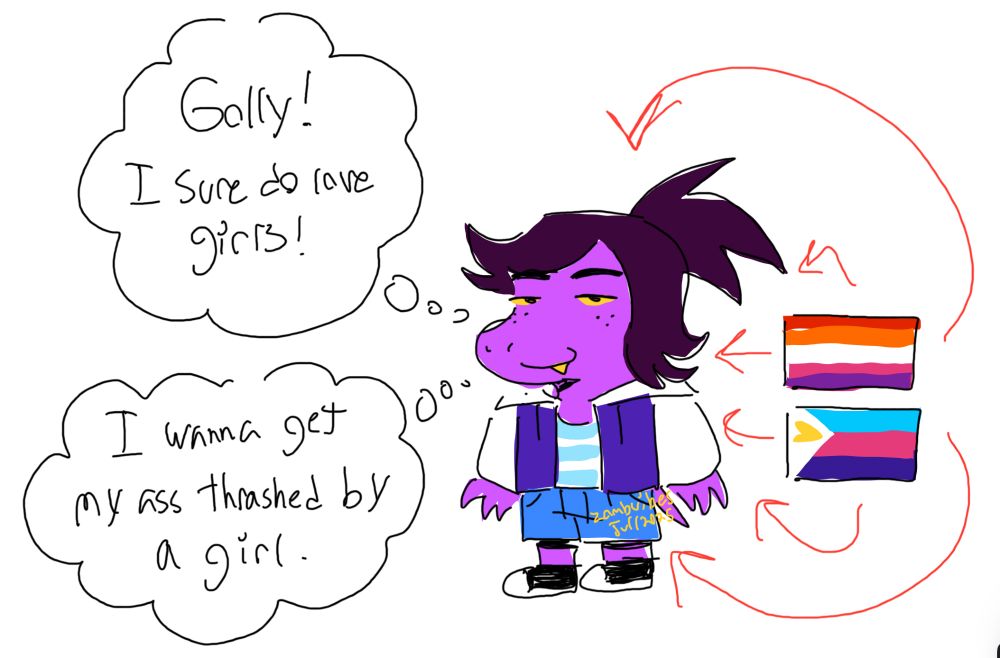 Crude doodle of TEAMMATESWAP Susie. She has a smirk on her face and is thinking “Golly! I sure do love girls! I wanna get my ass thrashed by a girl.” Next to her there are the lesbian and polyamorous flags. Multiple red arrows are pointing from them to her.

TEAMMATESWAP Susie is reptilian monster and Noelle is a cervid monster (like their Deltarune counterparts). Susie’s hair is in a ponytail. She is wearing a purple jean jacket with a white hood and sleeves, jean shorts with black knee length tights underneath and black sneakers. Unlike original Susie, her tail isn’t covered by her jacket.