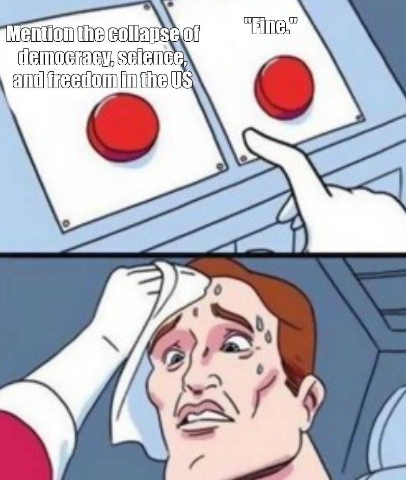 red button meme with options of "mention the collapse of democracy, science, and freedom in the US" vs "fine"