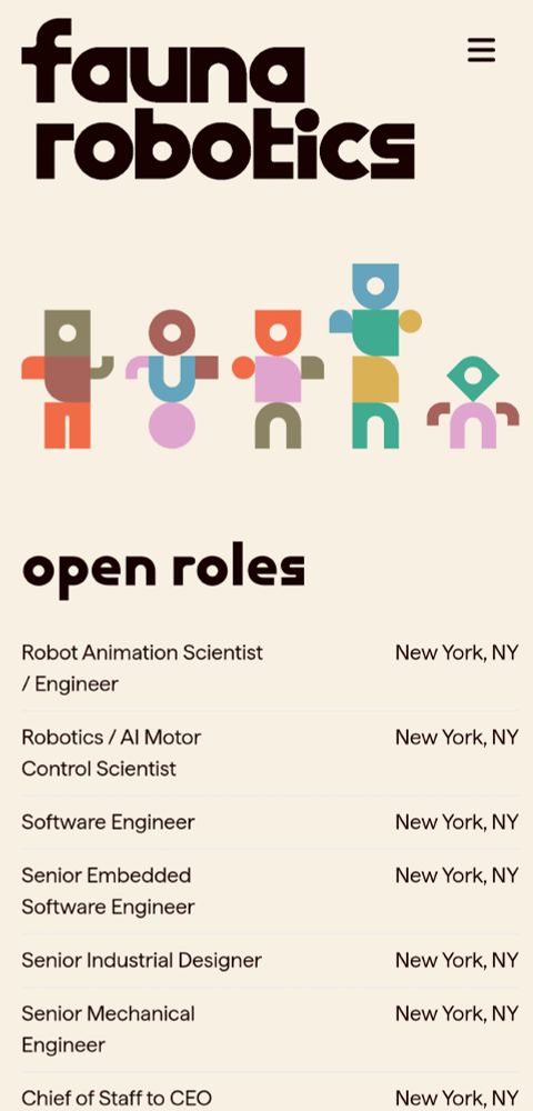 Screenshot of open roles at Fauna Robotics 