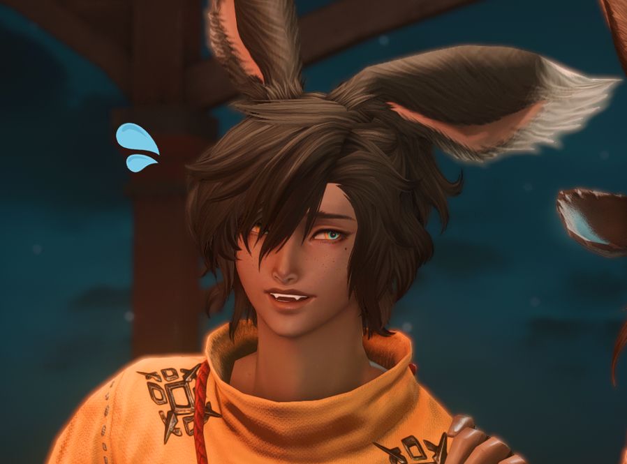 a picture of silver (grey-haired viera) smiling nervously at someone offscreen