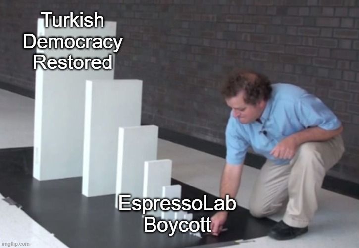 Domino effect meme starting "EspressoLab Boycott" and ending "Turkish Democracy Restored"