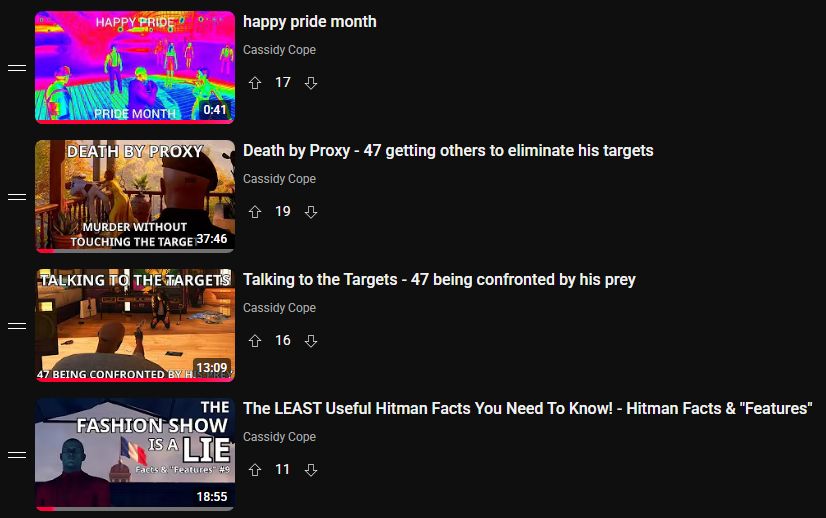 The playlist shows four videos in the following order: "happy pride month", "Death by Proxy", "Talking to the Targets", and "Useless Facts & 'Features'"