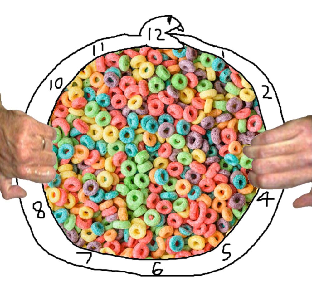 Oroboros snake clock doodle with two hands pretending to pull it open like Lemon Party meme. There's fruit loops in the opening.